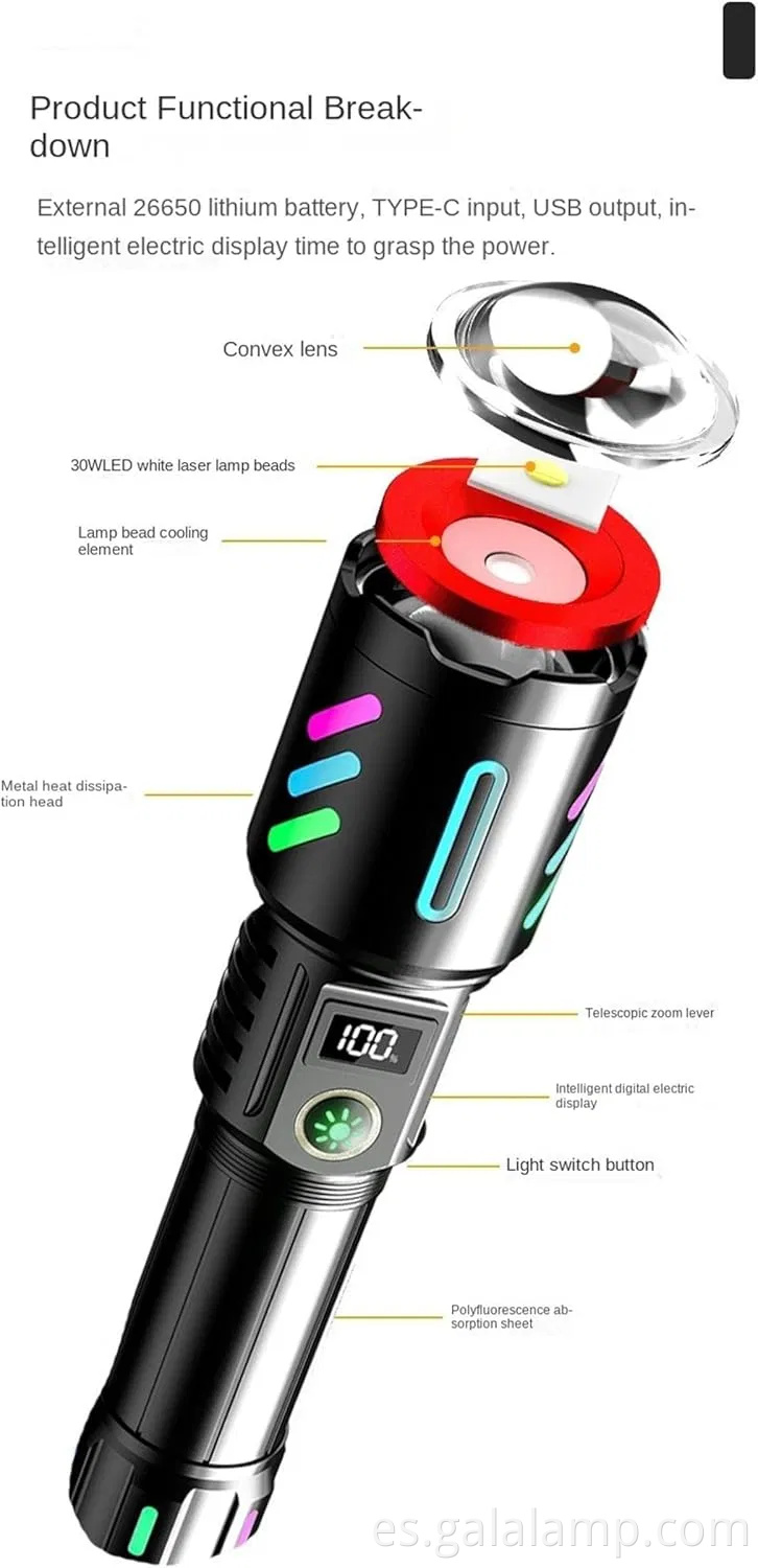 Linterna portátil LED táctica de 5 modos con enfoque ajustable